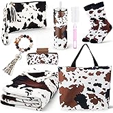 FillTouch 7 Pcs Valentines Galentines Cow Stuff Print Gift Set for Women: Tumbler Blanket Tote Bag Makeup Bag Keychain Bracelet Wristlet Hair Clip Socks for Western Holiday Birthday