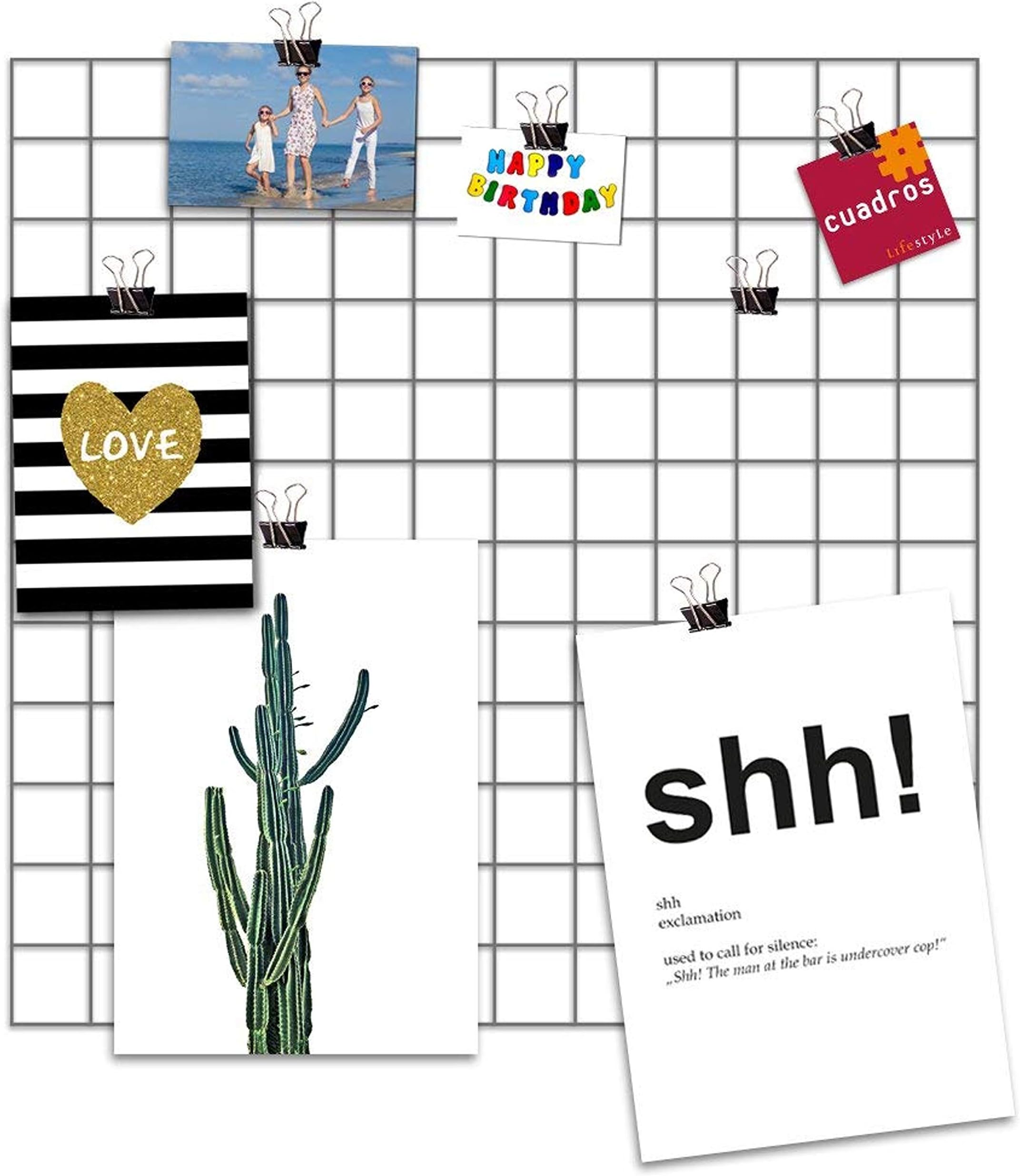 Cuadros Lifestyle Wall 'Mood Board' | Wall Art | Decorative Hanging Space Grey Grid | Wire Net/Mesh Memo Board | Wall Mount Rack | Hanging Wall Organiser | Photo Wall, 23.6x23.6 in