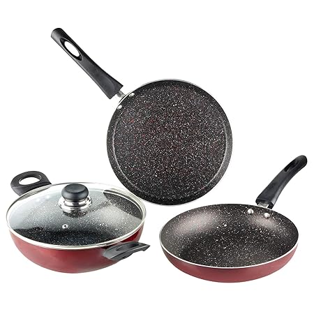 Vinod Supreme Induction Friendly Non-stick Cookware Set, 3pcs, Garnet Metallic