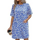 Ekouaer Cotton Nightgowns for Women Short Sleeve Sleep Shirts Crew Neck Night Dress Nightshirt with Pockets, Blue Floral, 2XL