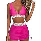 RXRXCOCO Mesh High Waisted Bikini Sets for Women Tummy Control Bathing Suits Color Block Two Piece Swimsuits with Skirt