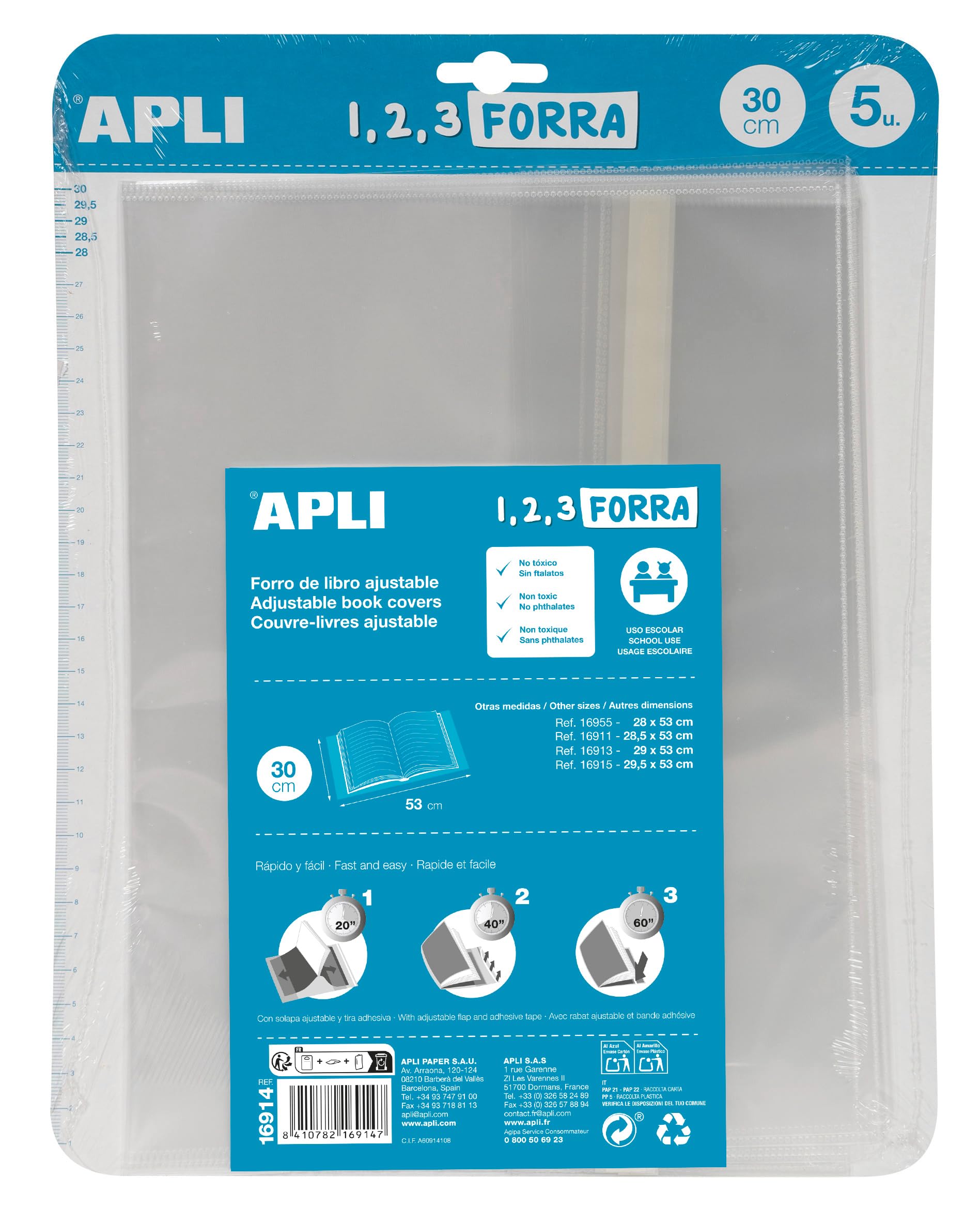 APLI 16914 Book Lining with Adjustable Flap Polypropylene 30 x 53 cm 75 µ Pack of 5