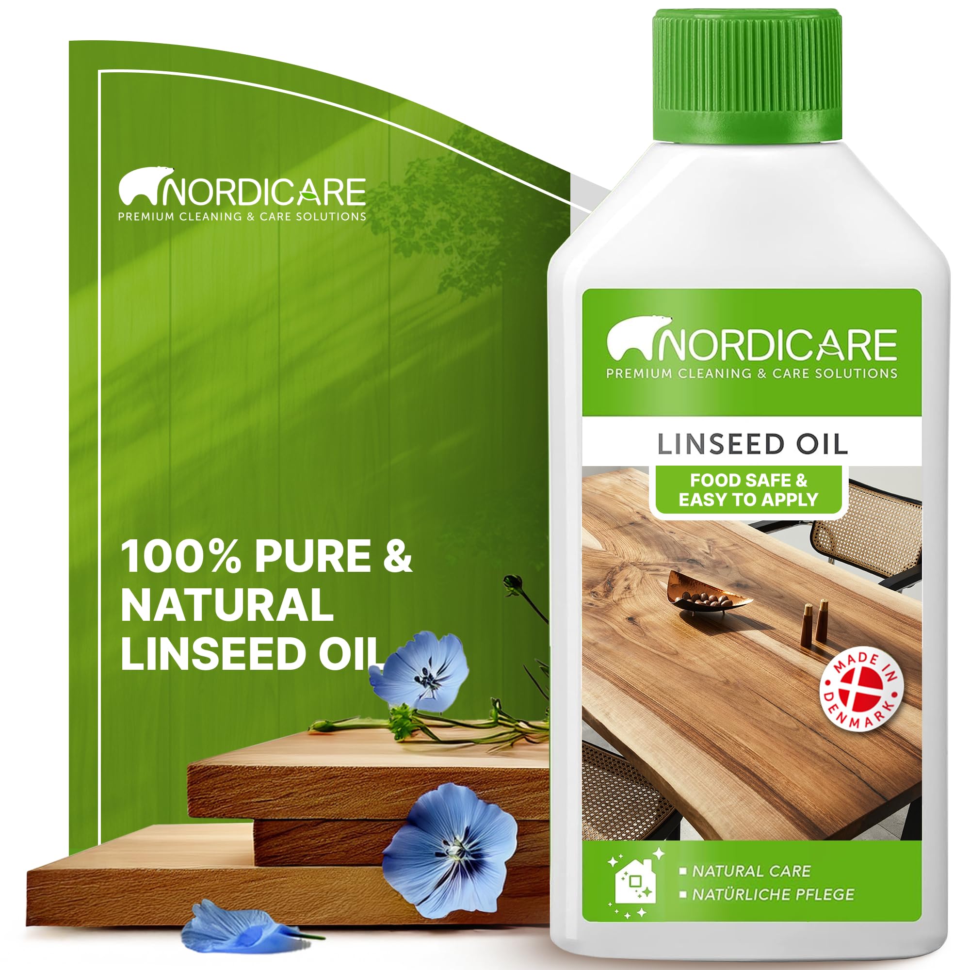 Nordicare Linseed Oil - Pure & Natural for Wood Furniture and Indoor Areas, Food-Safe, Enhances Original Structure - Made in Denmark (500ml)