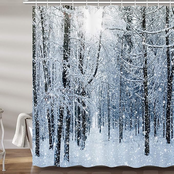 JAWO Winter Snow Forest Shower Curtain, White Trees Woods