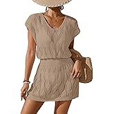BreathSunny Womens Crochet Elastic Waist Beach Dresses Summer 2025 Scoop Neck Cap Sleeve Bathing Suit Cover Up Mini Dress