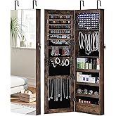 GISSAR Full Length Mirror Jewelry Cabinet, 6 LEDs Jewelry Armoire Wall Mounted Over The Door Hanging, Jewelry Organizer Storage with Lights Lockable, Vintage Brown, 14.6" x 47.2"