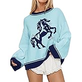 SHBECYDE Crew Neck Oversized Sweater for Women Y2k Long Sleeve Sweaters Horse Graphic Knit Pullover Trendy Fall Sweater 2026 Blue