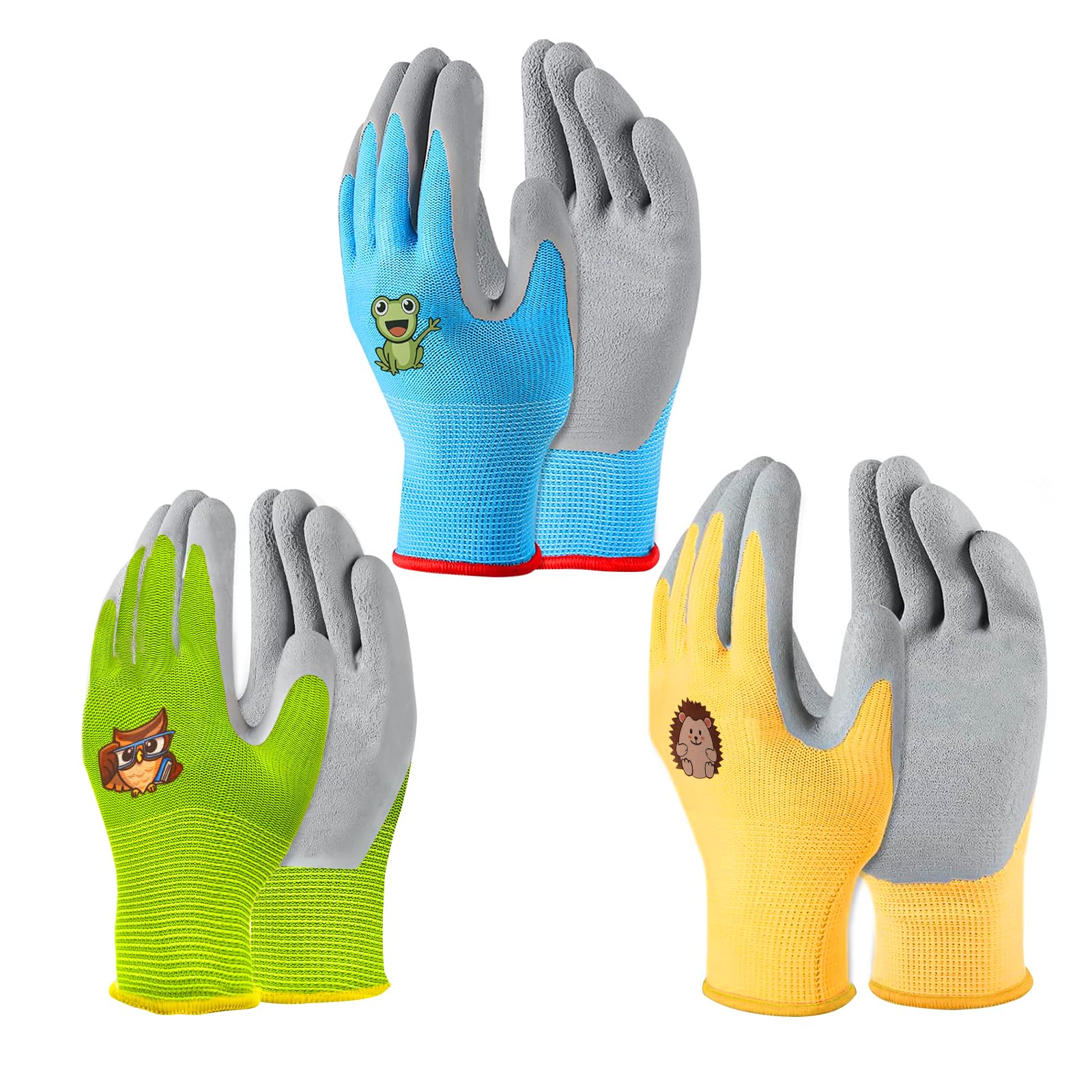 CubePlug Girls and Boys 3 Pairs Kids Gardening Gloves for Age 4-11, Non-Slip, Kids Gardening Work Gloves,Foam Rubber Coated Gardening and Work Gloves (Green+Blue+Yellow, Age(4-5))