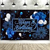 Blulu Happy Birthday Backdrop Banner Sign Poster Large Fabric Glitter Balloon Fireworks Sign Photo Backdrop Background for Birthday Party Decoration Supplies, 72.8 x 43.3in (Blue)