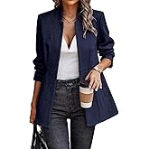 ELLEVEN Women’s Open Front Herringbone Blazer-Business Casual Long Sleeve Work Jacket with Full Lining and Padded Shoulders