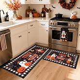 Halloween Kitchen Rugs Set of 2, 17"x30" + 17"x47" Non Slip Kitchen Mats with Rubber Backing, Soft Crystal Velvet Pumpkin Floor Mats for Kitchen Sink, Entryway, Laundry Room