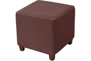 HFCNMY Ottoman Cover Stretch Knitted Jacquard Square Ottoman Cover Thick Ottoman Slipcover Square Storage Ottoman Cover Foot Stool Cover with Elastic Bottom Coffee Small