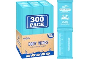 WOUSEDO 300 Pcs Ultra Thick Soft Large Body Wipes Individually Wrapped(7.87" x 9.45"),Shower Wipes for Adults Bathing No Rinse,Personal Cleansing Wipes for Travel Gym,Bulk Deodorant for Homeless(Blue)