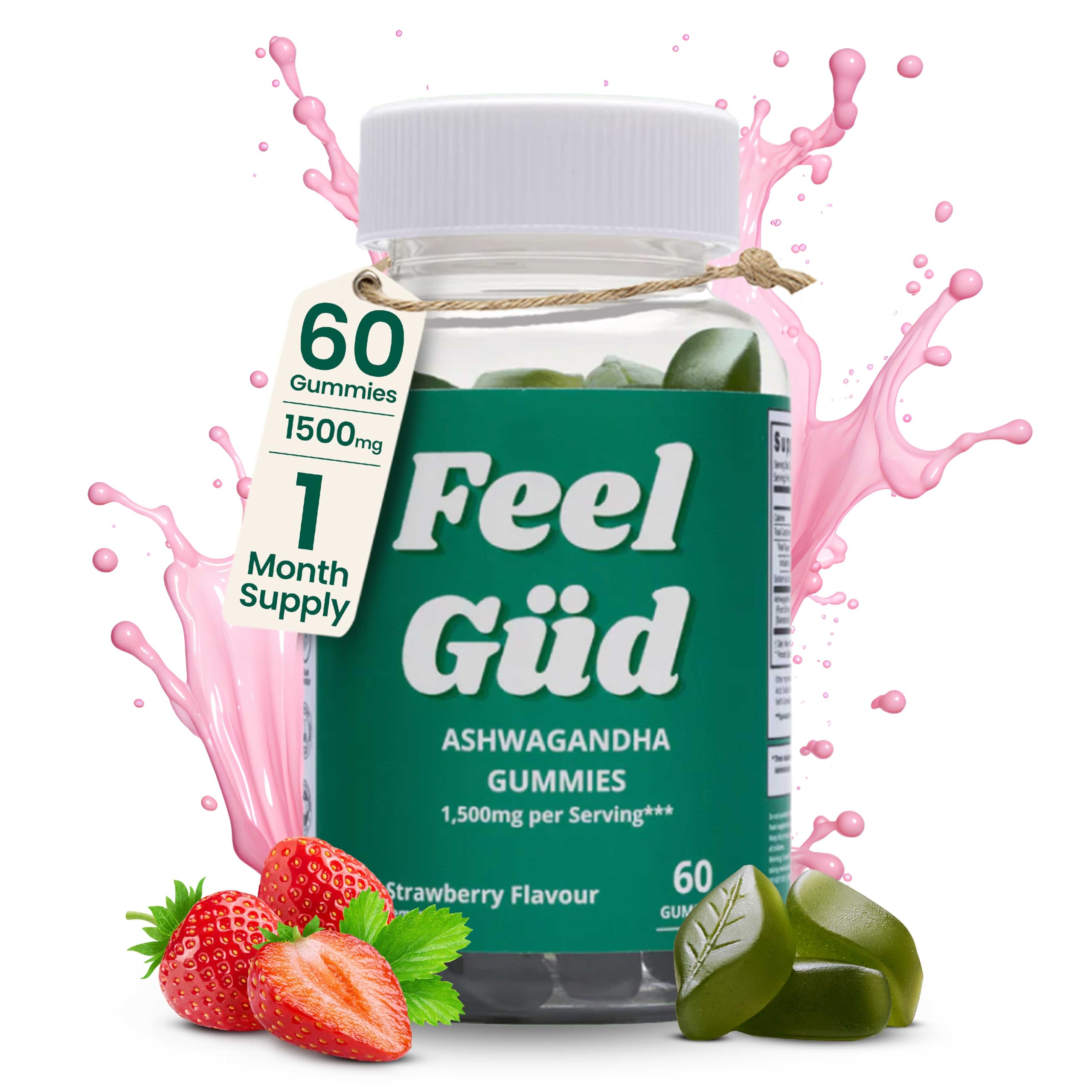 Ashwagandha Root Extract Gummies, 1500mg High-Strength Adaptogen Blend, 60 Strawberry Flavoured Gummies, Supporting Stress Relief, Mood, Hormone Balance & Natural Vitality.