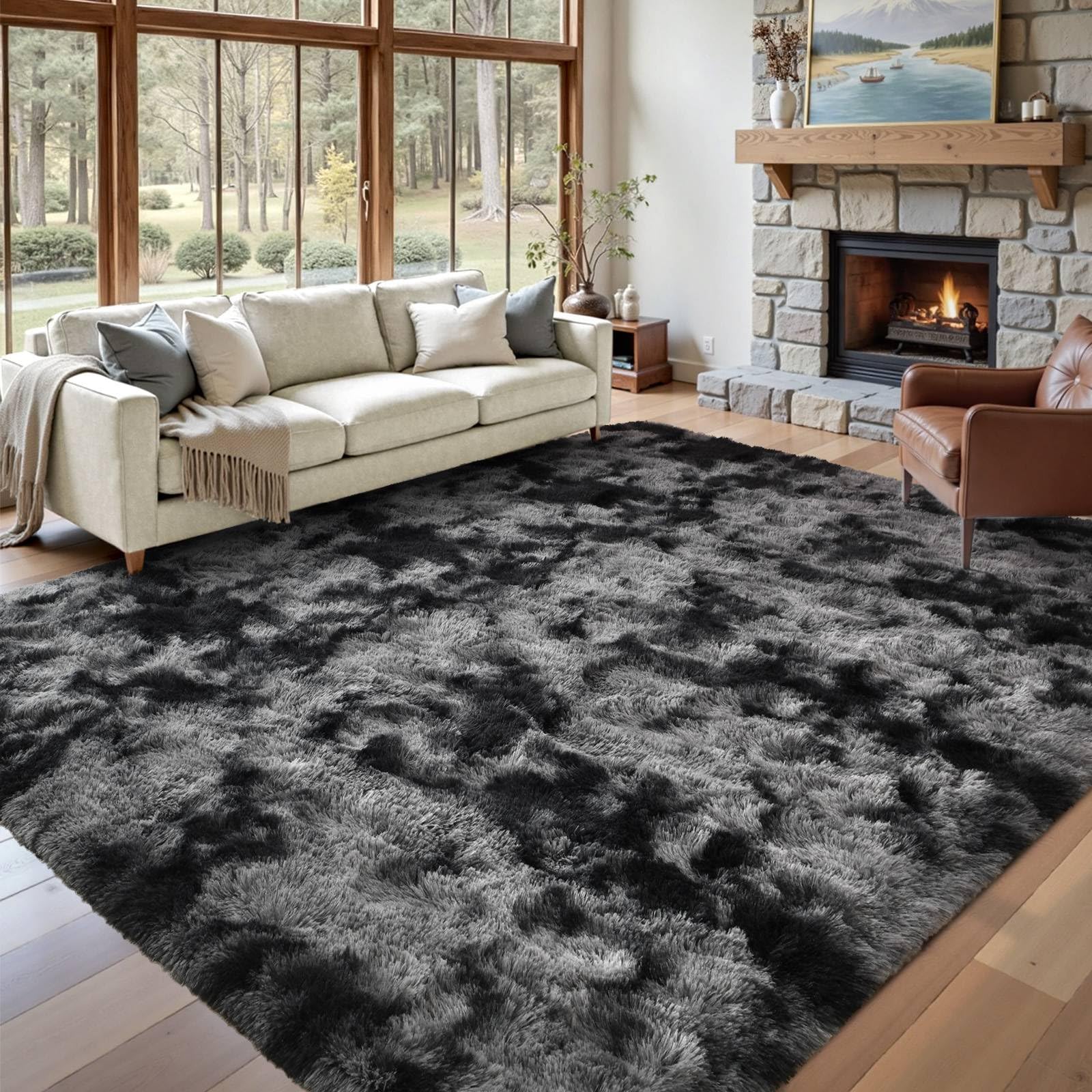 Photo 1 of Area Rugs for Living Room 9x12 Black Grey Fluffy Rug,Super Fuzzy Fur Bedroom Carpet for Boys Dorm Office Nursery Modern Home Decor