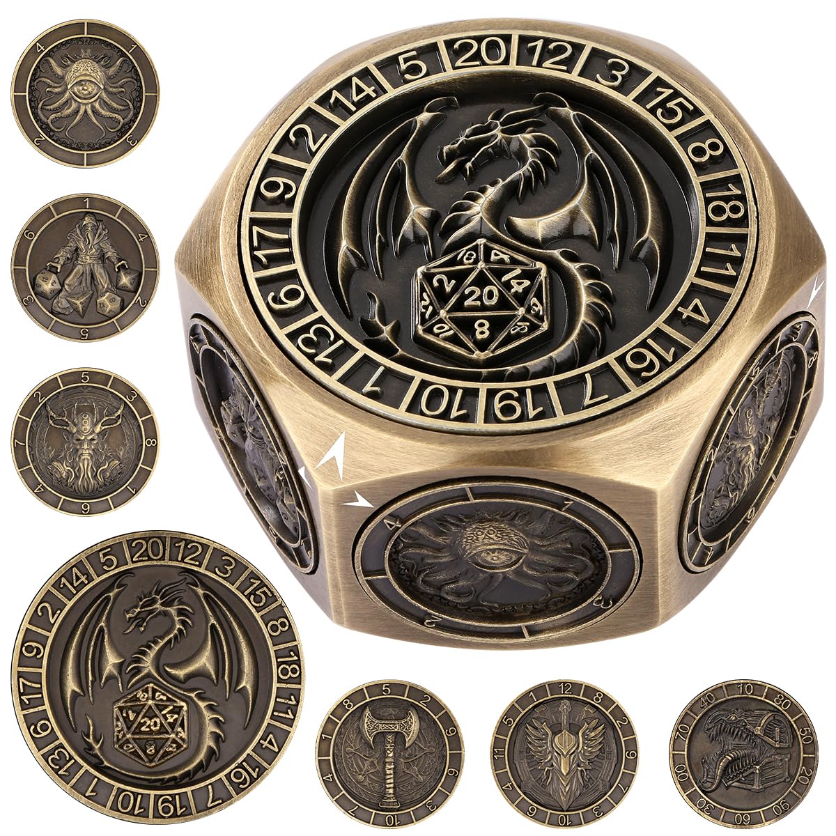 DND Fingertip Spinner Dice, 8 Sides 7-in-1 Metal Dice Set with 3D Pattern, Polyhedral Rotating Game Dice, for DND Gifts with Dragon Logo Gift Box, Role Playing Board Game Accessories, Bronze