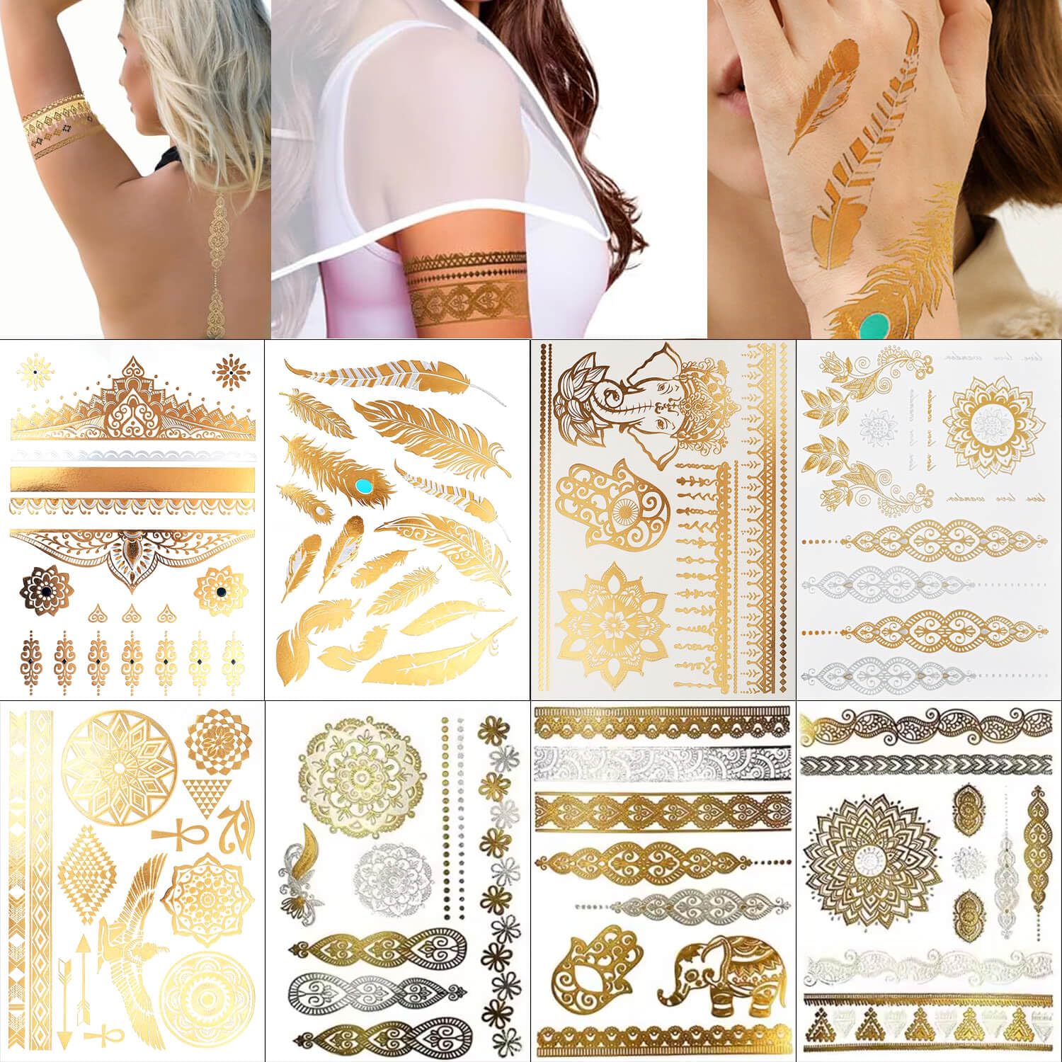 Glaryyears Metallic Gold Silver Temporary Tattoos, Large Big Fake Flash Glitter Animals Tattoo Stickers, 6 Pack for Women Men Adults Girls Body Beach Festivals Parties, Butterfly Ocean Beast Designs