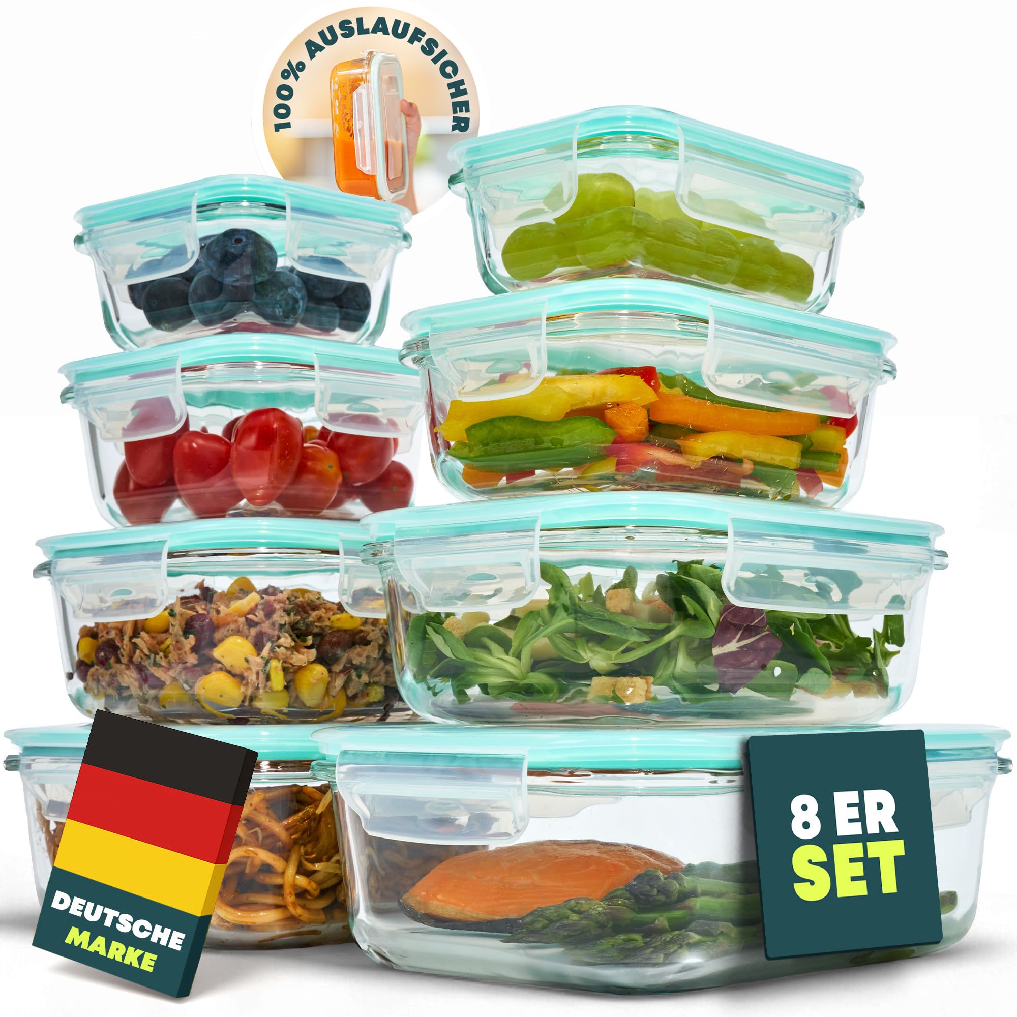 uandu Glasbehälter mit Deckel – Meal Prep Boxen Set 8-teilig – Frischhaltedosen Glas BPA-frei – Spülmaschinen-, Mikrowellen- & Gefrierschrankgeeignet