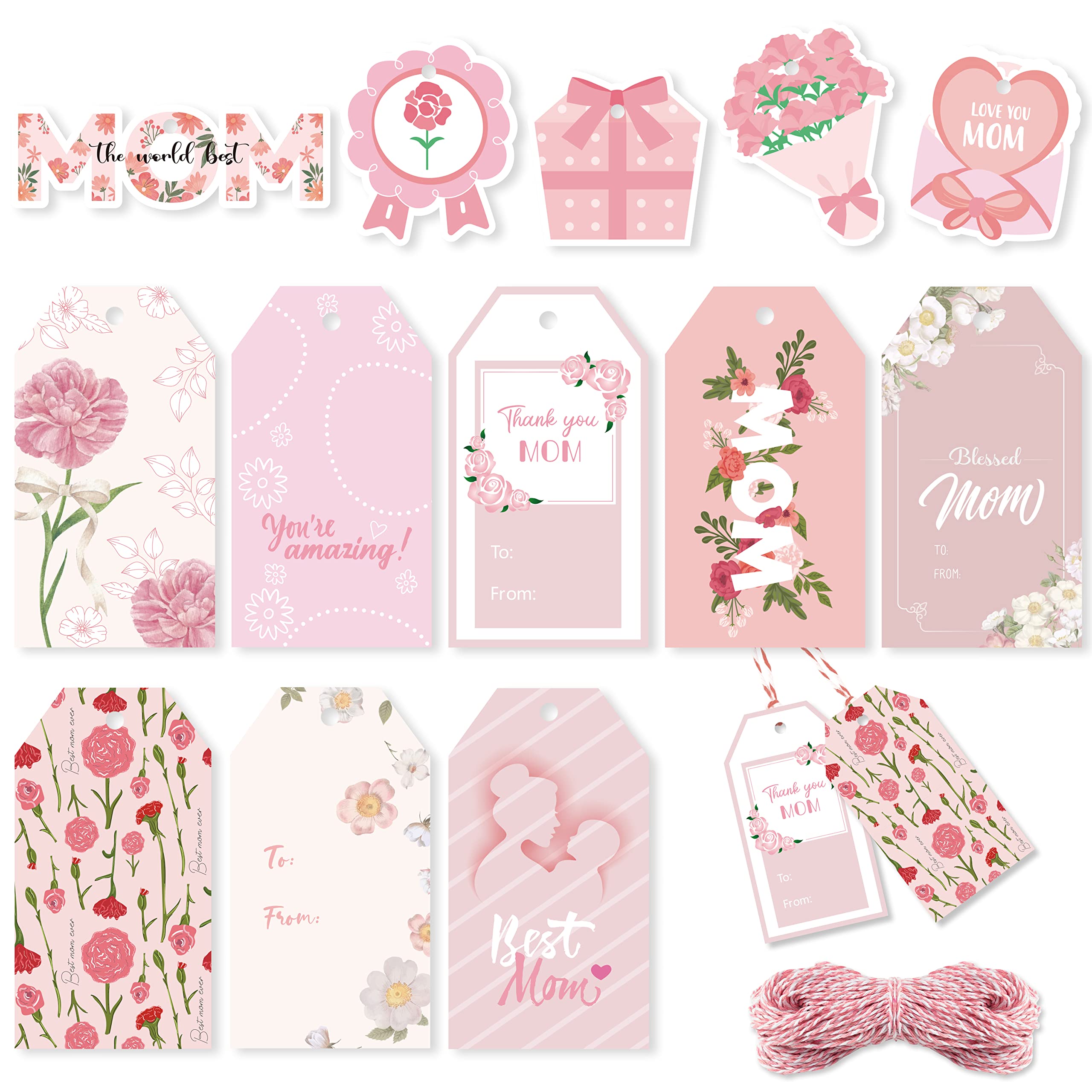 WATINC 137pcs Mother's Day Gift Tags, Happy Mothers Hanging Tag Paper Label with String Gift Decoration for Mom, Pink White Ornament Envelope Present Wrap, Thanksgiving Party Tree Fireplace Hang Decor