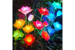 RECHOO Solar Garden Lights Outdoor Decorative, 3 Pack Solar Flower Lights with 15 Rose Flowers, Multi-Color Changing LED Waterproof Garden Decor for Patio Yard Pathway Decoration