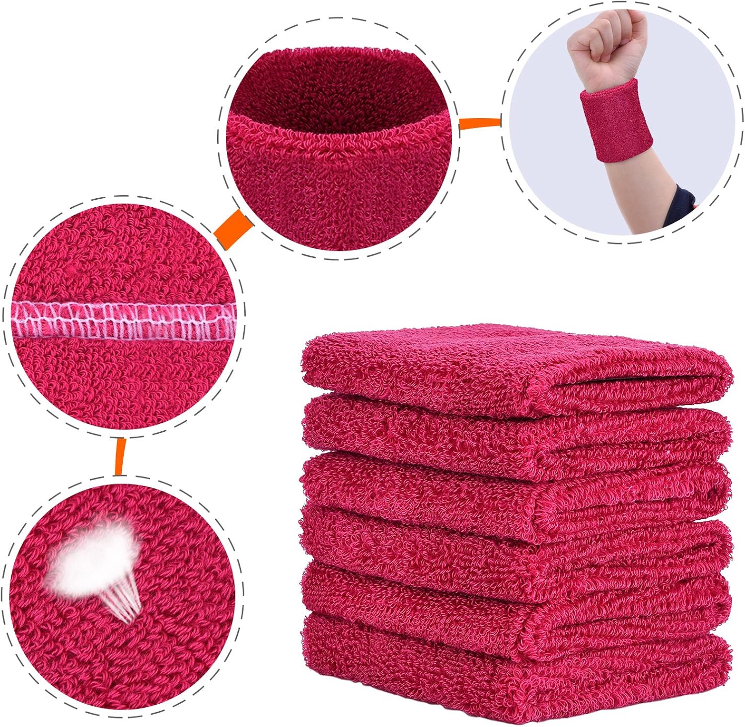 6 Pack Wrist Sweatbands Tennis Wrist Bands Absorbent Sweatbands for Football Basketball Running Athletic Sports and Working Out (Rose Red) - Image 3