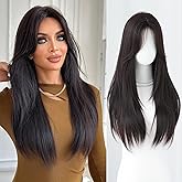 7JHH WIGS 28in Natural Black Long Straight Curtain Bangs Wigs Natural Black Tea Heat Resistant Synthetic Fiber Layered Midlle Part Women Wigs for Chrismas Daily Party Daily Used
