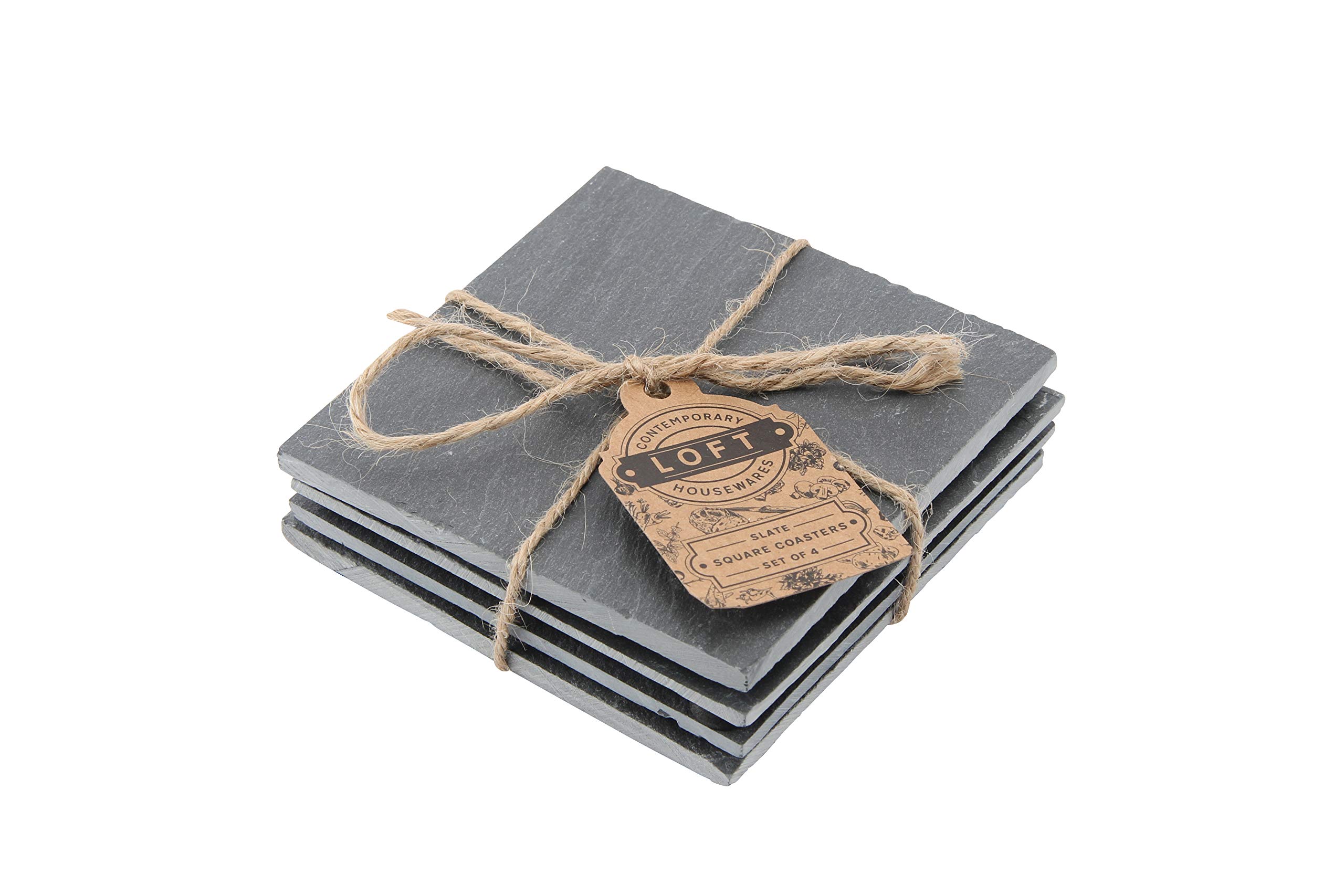Set of 4 Kitchen Lounge Slate Finish Coasters ! 10x10cm, Felt Pads So No Scratch | Country Kitchen Gift | Loft Collection - GB02966