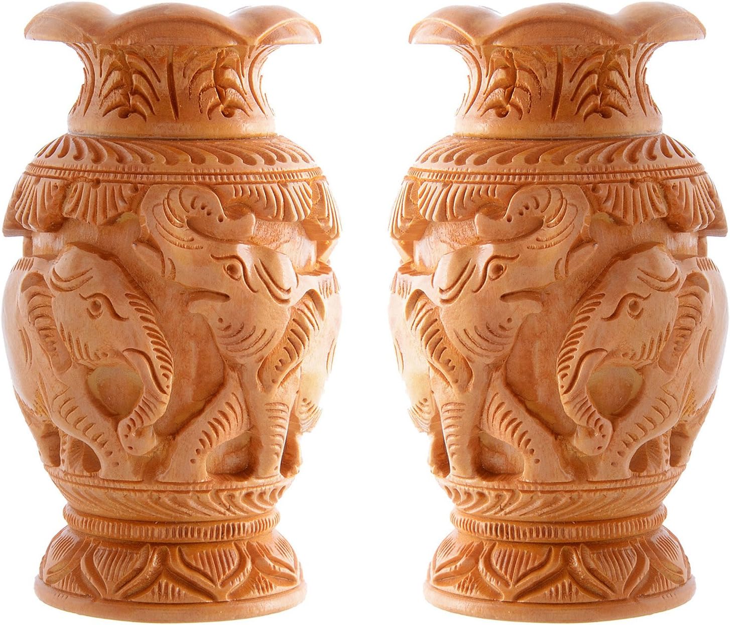 Craft Trade Wooden Hand Carved Flower Vase for Home Décor Bouquet Artificial Plants Stand Decorative Flower Pots for Living Room Office Bedroom - 10x5 cm