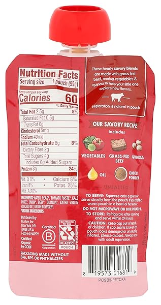 HAPPY BABY ORGANICS SAVORY BLENDS STAGE 3 BABY FOOD PUREE, GRASS-FED BEEF, MARKET VEGETABLES & QUINOA STEW POUCH – 3.5 OUNCE