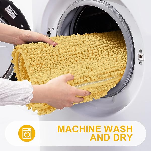 GRANDAILY CHENILLE STRIPED BATHROOM RUGS 59X24, EXTRA THICK AND ABSORBENT BATH MATS, NON-SLIP SOFT PLUSH SHAGGY SHOWER CARPET, MACHINE WASH DRY, BATH RUG FOR BATHROOM, YELLOW