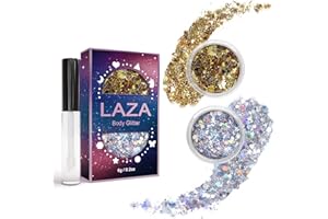 Laza Body Glitter, 2 Jars Holographic Chunky Sequins with Glitter Glue Perfect for Women Eyeshadow Makeup Face Paint Festival Rave outfits Hair Accessories Carnival Party Costumes - Bright Gold Silver