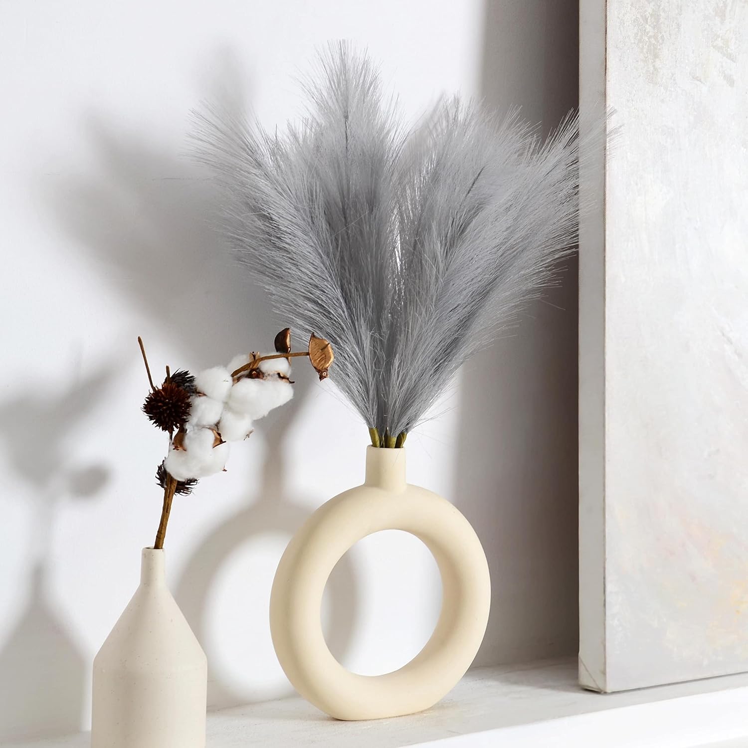 Dried & Preserved Flora - PERFNIQUE Faux Pampas Grass, Set of 6 Stems 17'' Short Artificial Fake Flowers, Small Vase Fillers, Rustic Trendy Cottagecore Minimalist Boho Farmhouse Room Decor, Vase Accent (Grey)