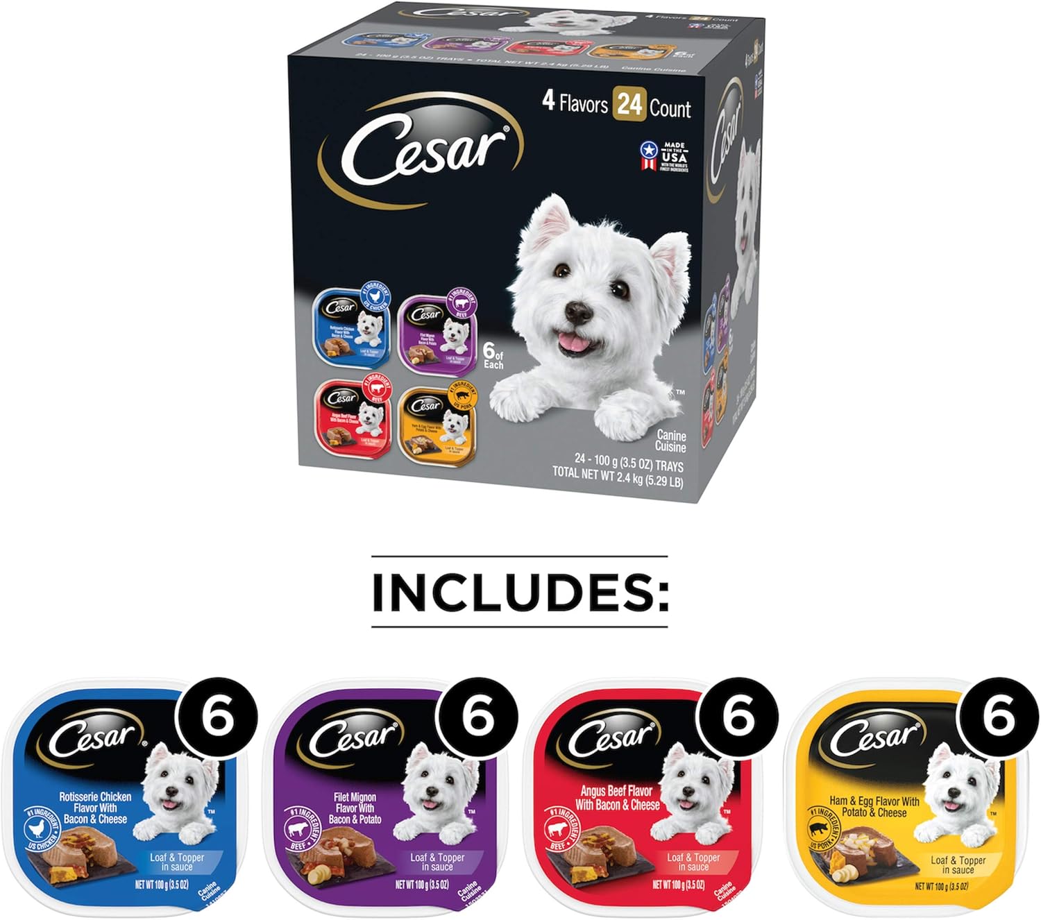 CESAR Soft Wet Dog Food Loaf in Sauce Rotisserie Chicken, Filet Mignon, Angus Beef, and Ham & Egg Flavors Variety Pack, (24) 3.5 oz. Easy Peel Trays: Pet Supplies: 