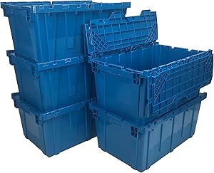 uBoxes, Storage and Packing Plastic Tote Crate Attached Lid Flip Top, 27-Inch x 17-Inch x 12-Inch, (Blue, 5-Pack)