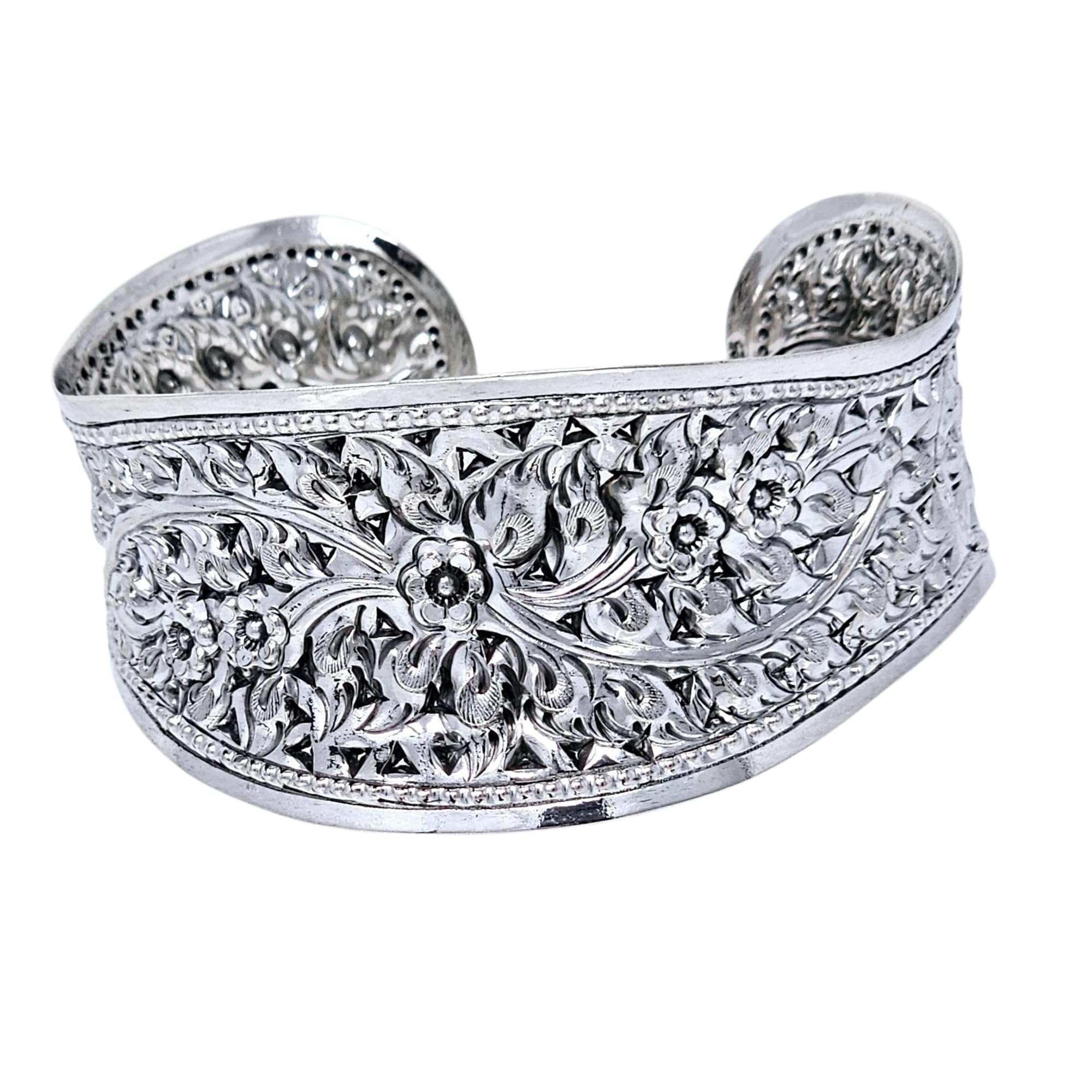 Treasure Bay Solid 925 Sterling Silver Bangle Wide Floral Cuff for Ladies and Girls
