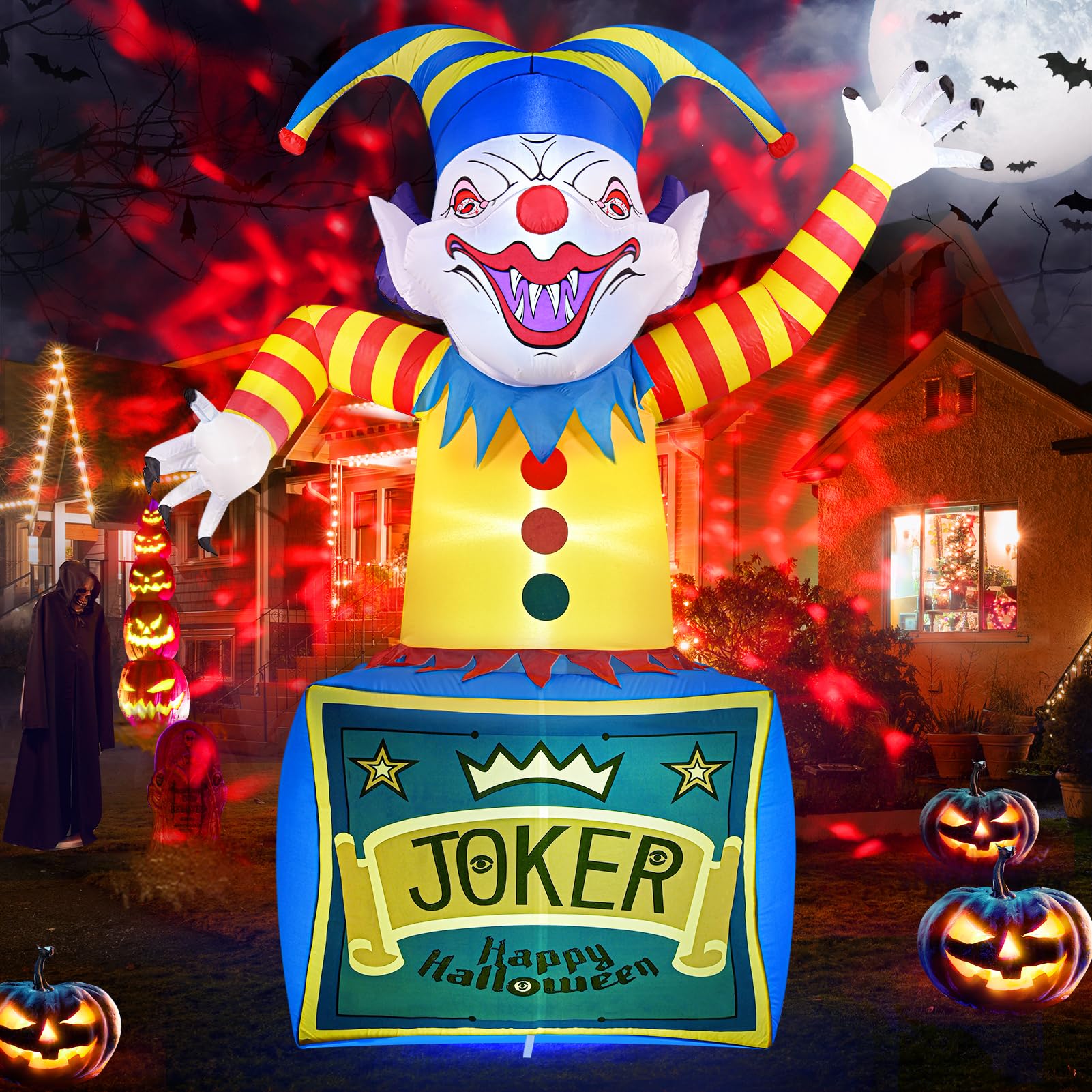 Photo 1 of Winpull 8 FT Halloween Inflatables Clown Outdoor Decorations with Dynamic Flame Projector Light, Halloween Blow Up Yard Decorations with LEDs for Outside Party Garden Lawn Decor
