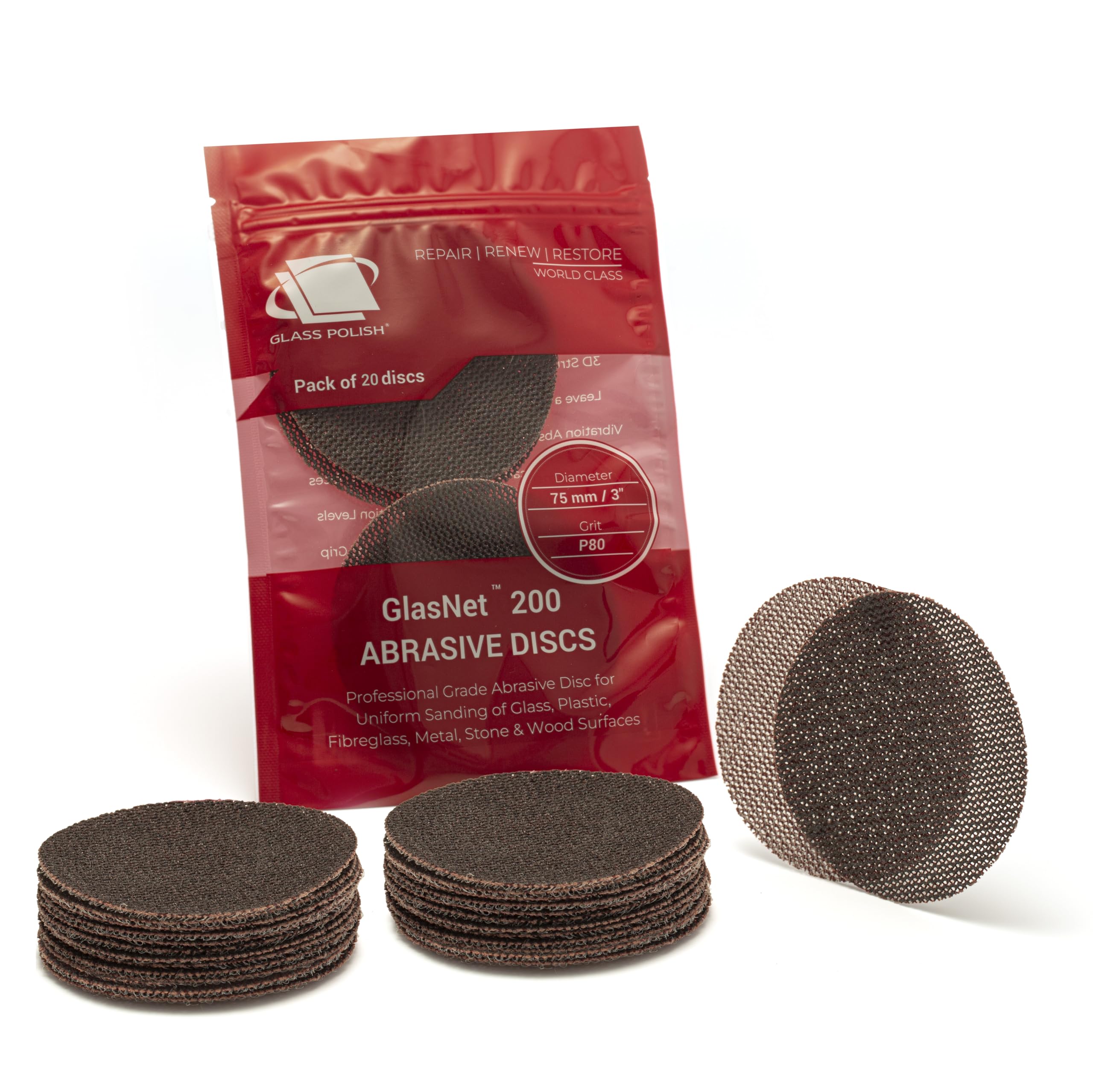 Glass Polish 3 inch (75mm) 80 Grit Pack of 20 Sanding Discs for Rotary Polisher - Net Mesh Silicon Carbide Abrasive P80 - GP14304