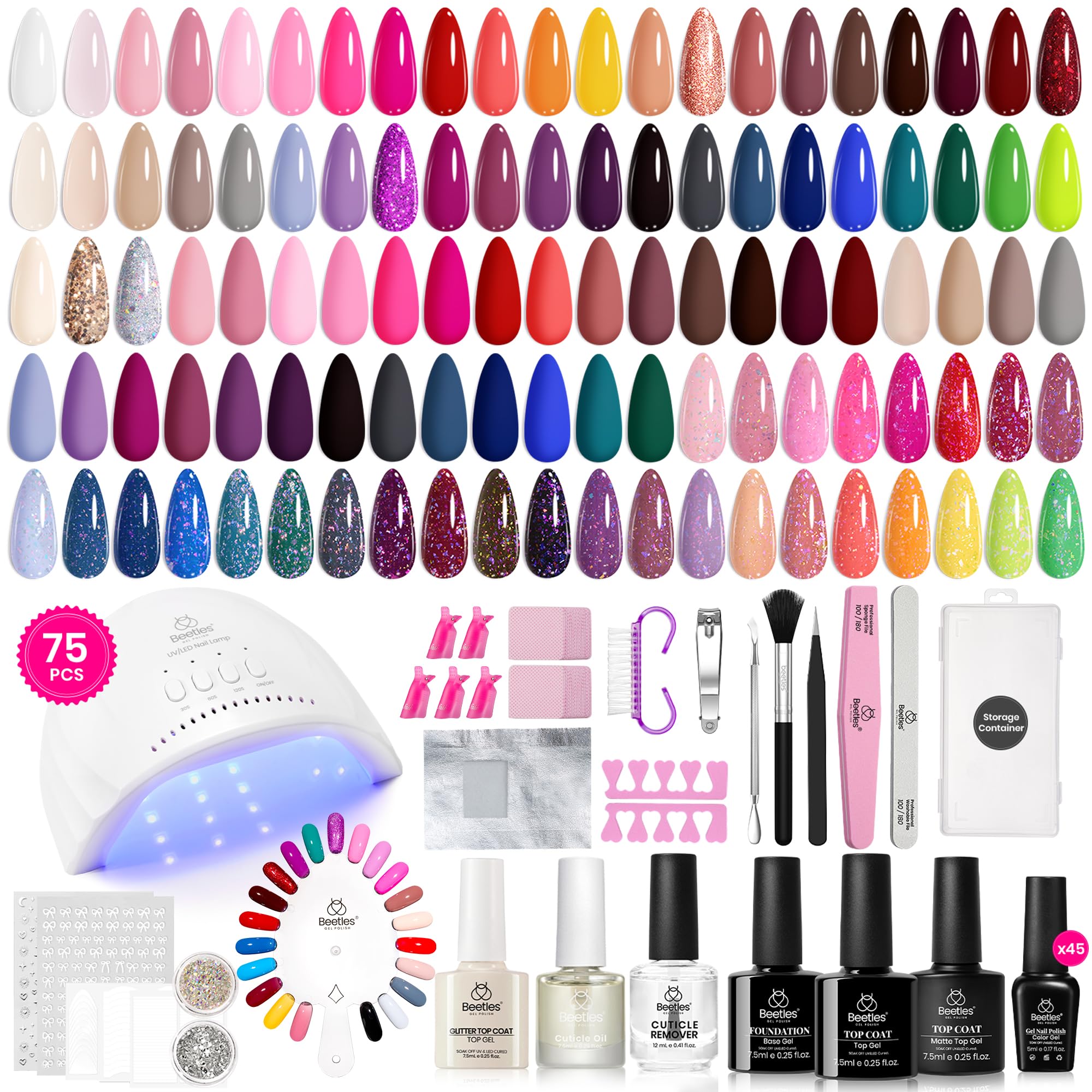 Beetles Gel Nail Polish Kit with UV Light-75PCS Chic Outfits 45 Colours Starter Kit,Soak Off All Season Gel Nail Kit with 5PCS Base Top Coat Manicure Art Gifts for Women