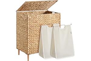 SONGMICS Laundry Hamper 2 Sections, 34.3 Gal. (130 L) Handwoven Water Hyacinth Wicker Laundry Basket with Lid, Natural Material, Removable Machine Washable Liners, Handles, Natural ULCB202Y01