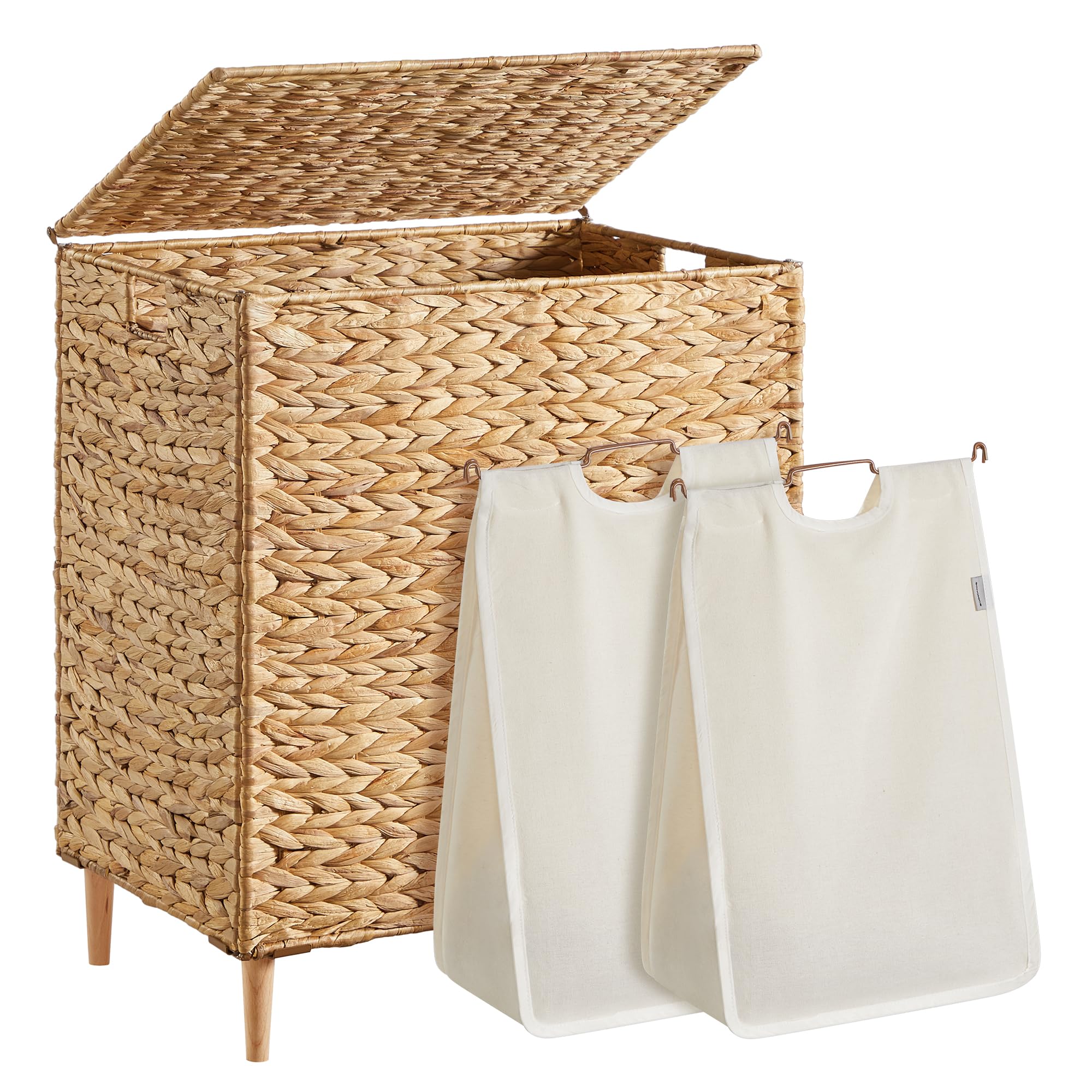 SONGMICS Laundry Hamper 2 Sections, 34.3 Gal. (130 L) Handwoven Water Hyacinth Wicker Laundry Basket with Lid, Natural Material, Removable Machine Washable Liners, Handles, Natural ULCB202Y01