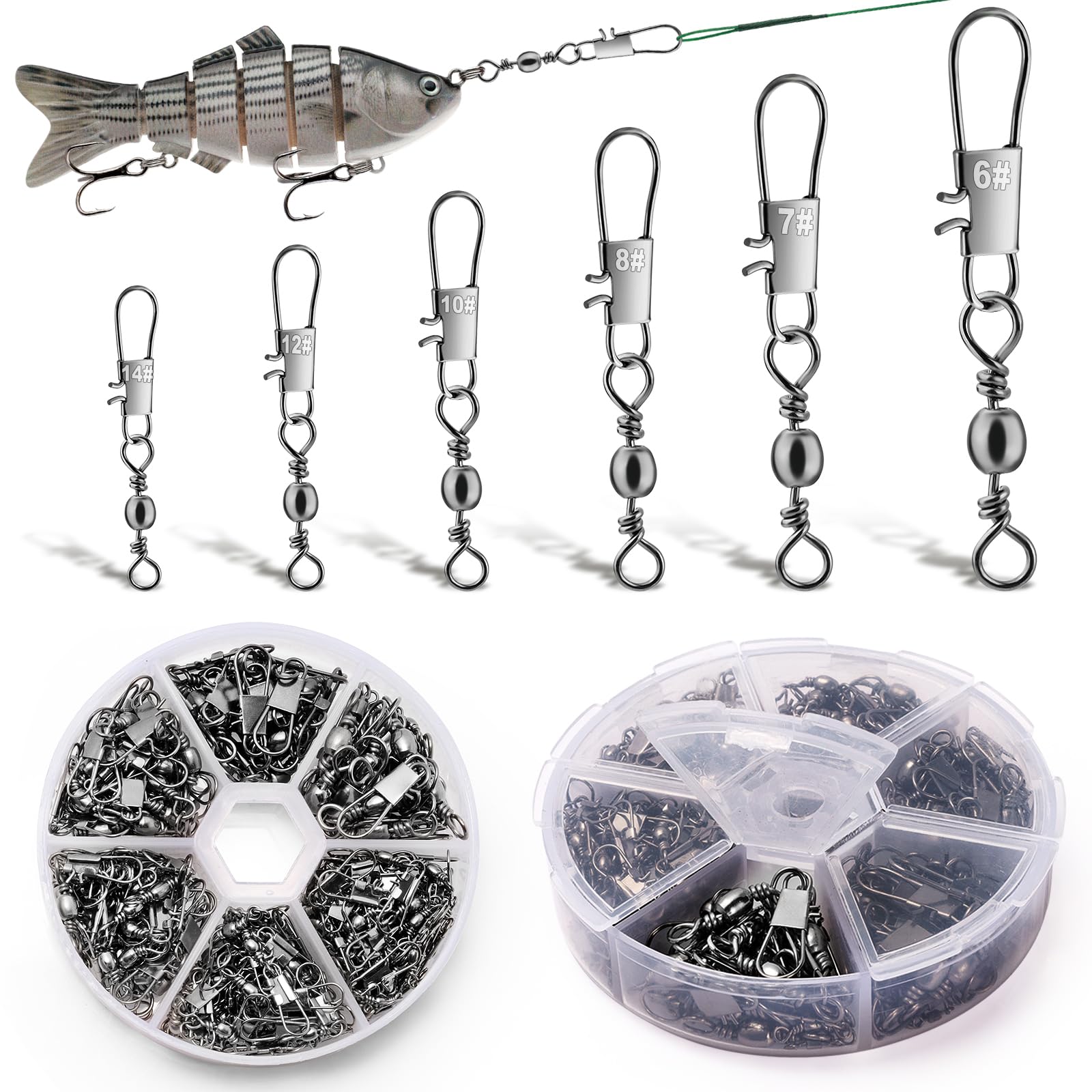 Annyswit 100/200 Pcs Fishing Swivels and Clips, Swivels Fishing Tackle 6# 7# 8# 10# 12# 14#, Sea Fishing Rolling Swivels for Quick Change Swivels Fishing Connecting Fishing Hook&Line (6Sizes)