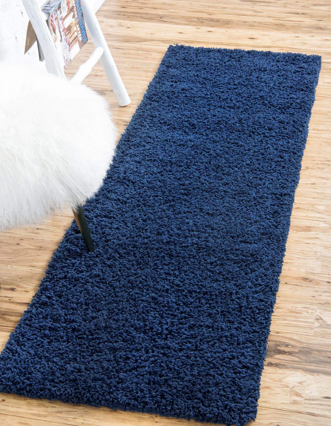 Unique Loom Solid Shag Collection Area Rug (2′ 6″ x 16′ 5″ Runner, Sapphire Blue/ Navy Blue)