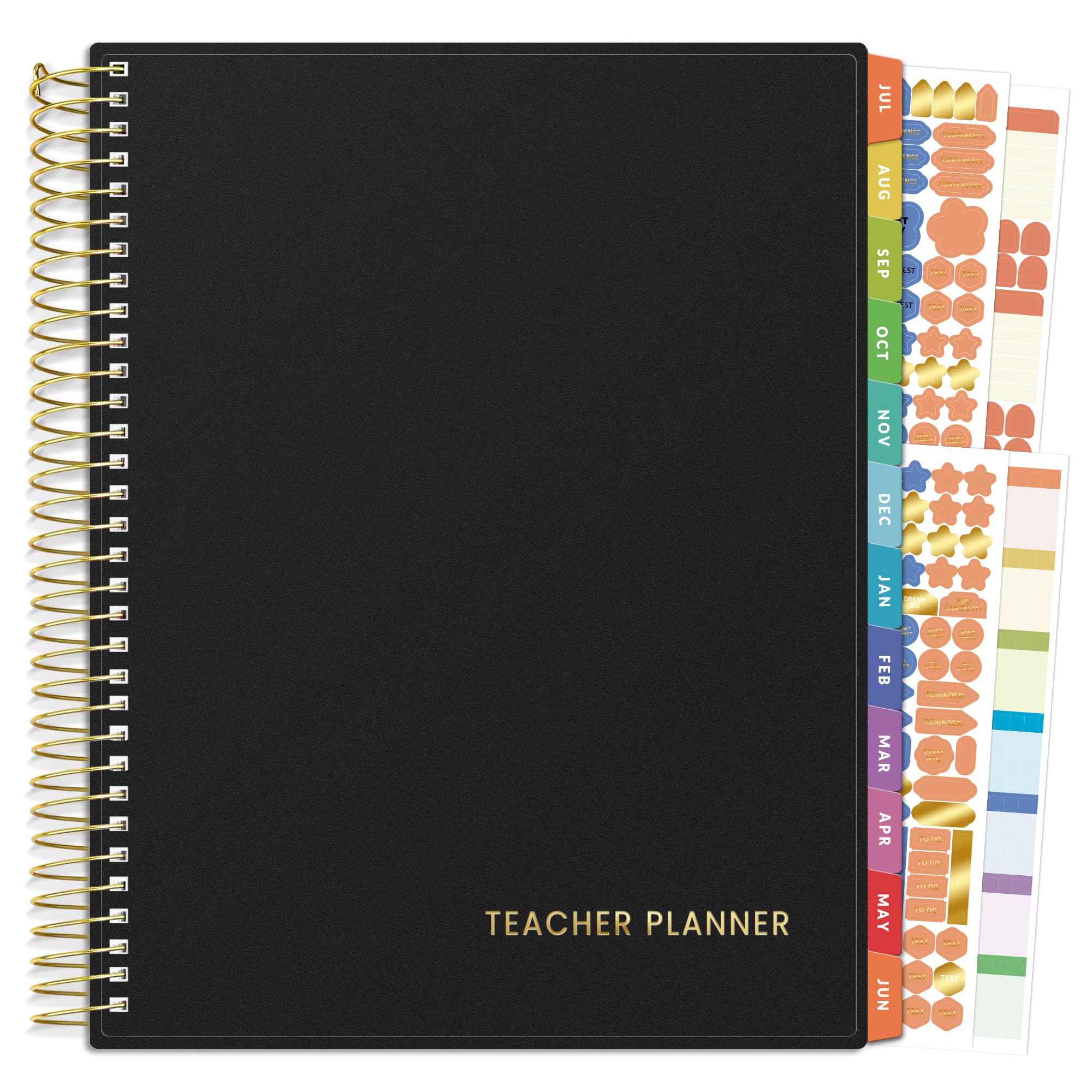 SUNEE Deluxe Teacher Planner 2025-2026, Lesson Planner Book with 7 Periods Jul 2025 - Jun 2026, 8.5" x 11" Daily Weekly and Monthly Organizers with Colorful Tabs, Planning Stickers,120gms Paper, Black