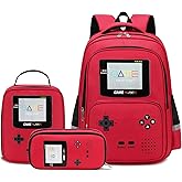 EINSZ Backpack for Boys Backpack for Kids Students School Bookbag For Elementary Middle School Bag Ages 6-18 17″ Video Game Bookbag (Red-set)