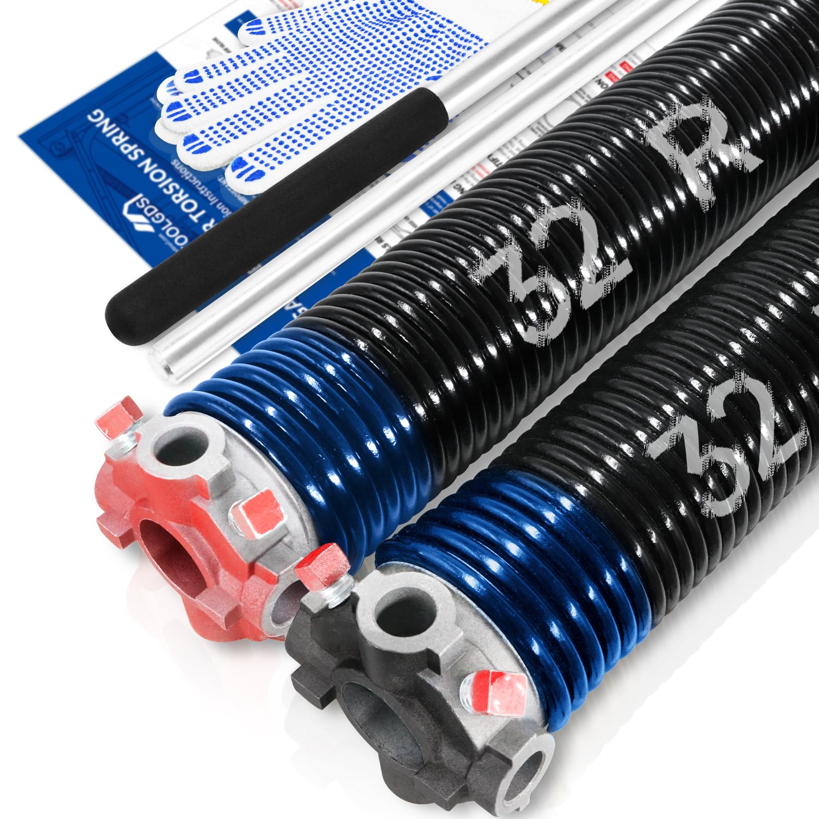 YoToolGDS Pair of 2" Garage Door Torsion Springs Set with Non-Slip Winding Bars & Gloves, High Precision Electrophoresis Oil-Free Black Coated for Replacement, MIN 16,000 Cycles (0.262 x 2" x 32'') Image