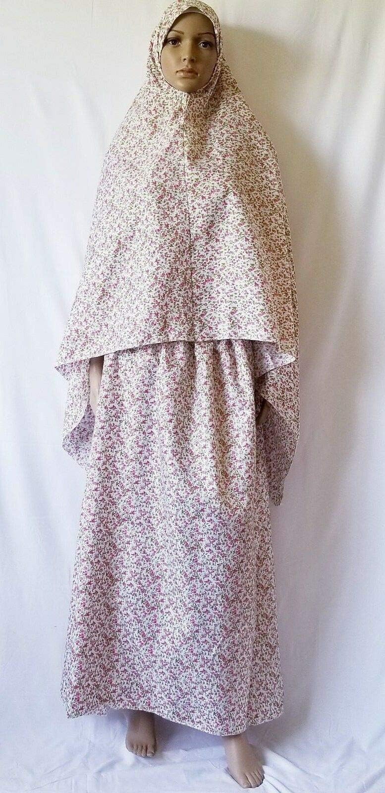 Pink Green White Two Piece Muslim Women Prayer Dress Isdal Outfit scarf Head Cover Skirt