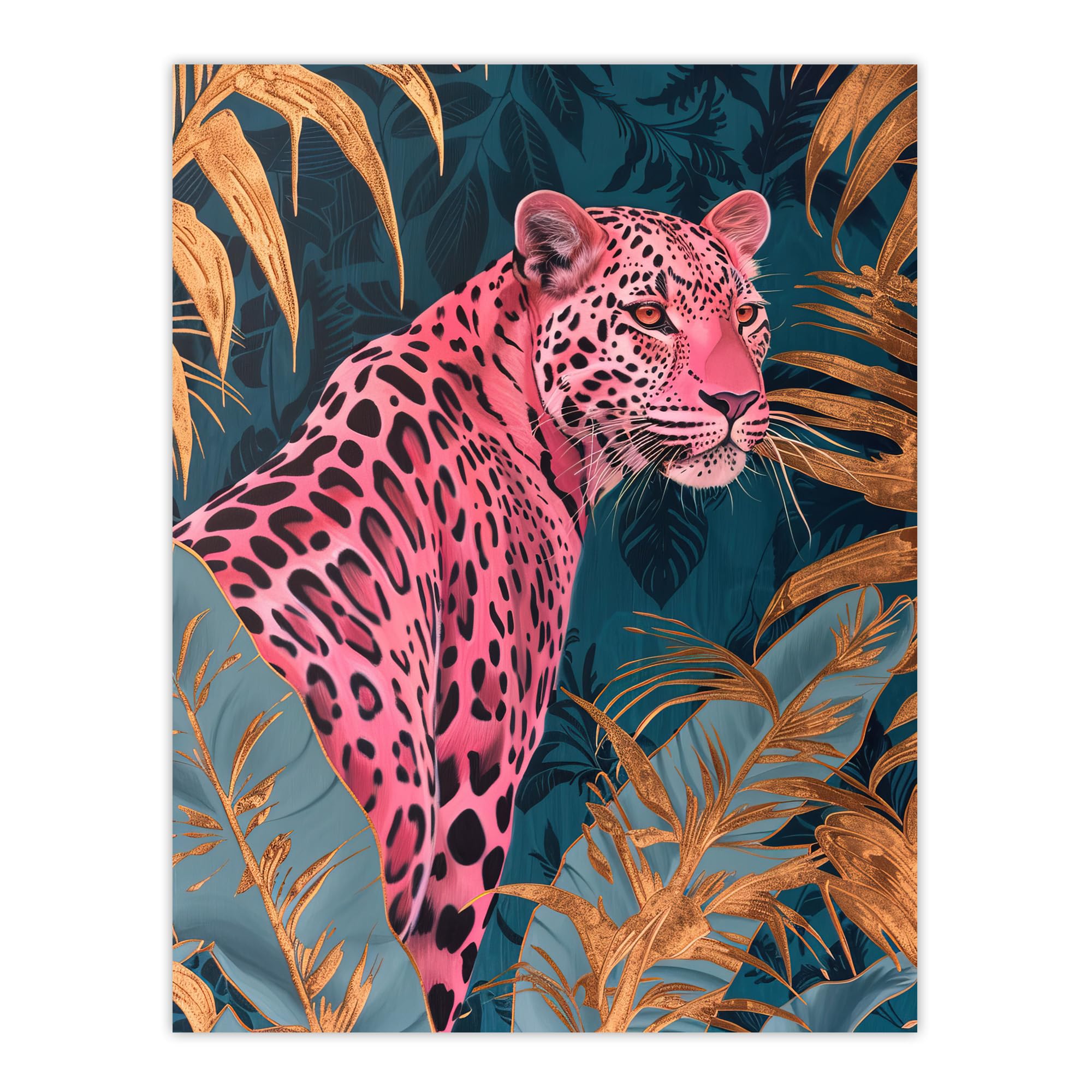 Artery8 Elegant Pink Leopard in Blue Gold Tropical Jungle Living Room Extra Large XL Wall Art Poster Print