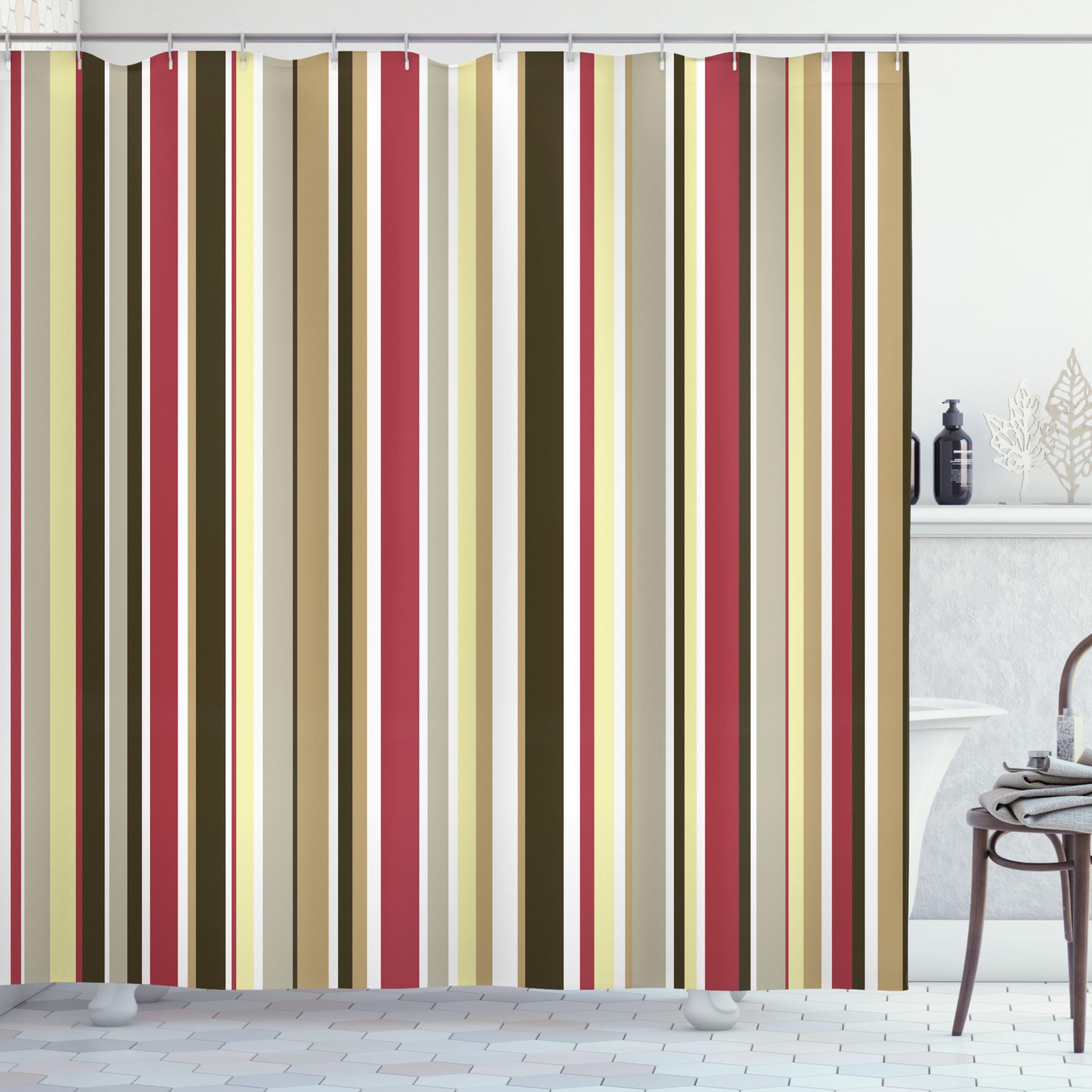 ABAKUHAUS Pastel Shower Curtain, Vertically Striped Pattern Straight Lines Classic Old Fashioned, Cloth Fabric Bathroom Decor Set with Hooks, 175 x 180 cm, Pale Yellow