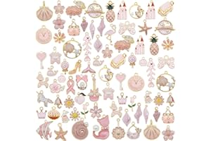 JJGQAZ 40pcs(20PAIRS) Assorted Gold Plated Enamel Animals Fruit Moon Star Dainty Dangle Flowers Pendants Charms for Jewelry Making Necklace Bracelet, Pink Theme