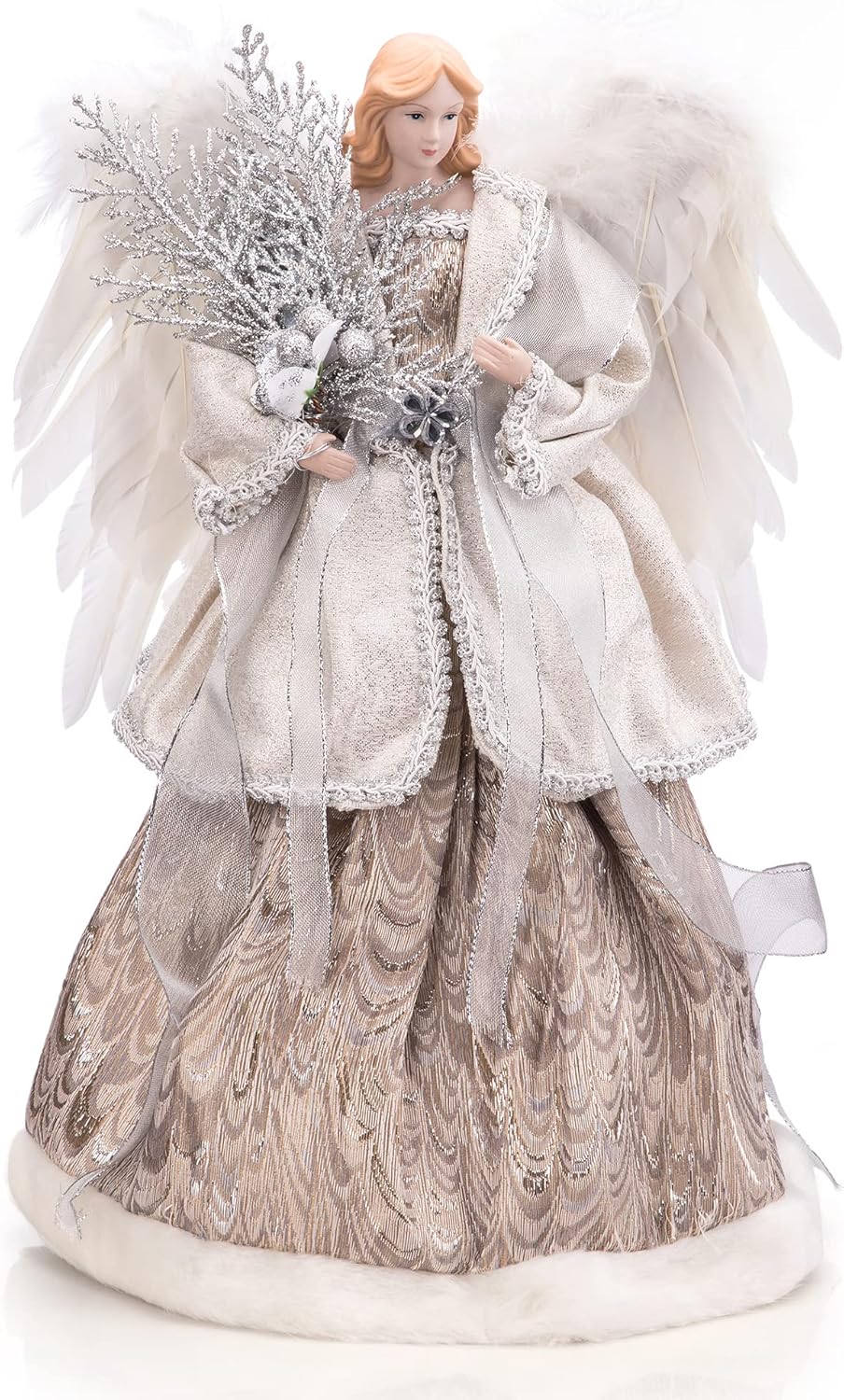 Tree Toppers - Christmas Angel Tree Topper with Luxury Silver Dress Ruffle Christmas Treetop for Xmas Golden Dress Standing Holiday Ornament 15.7 Inch